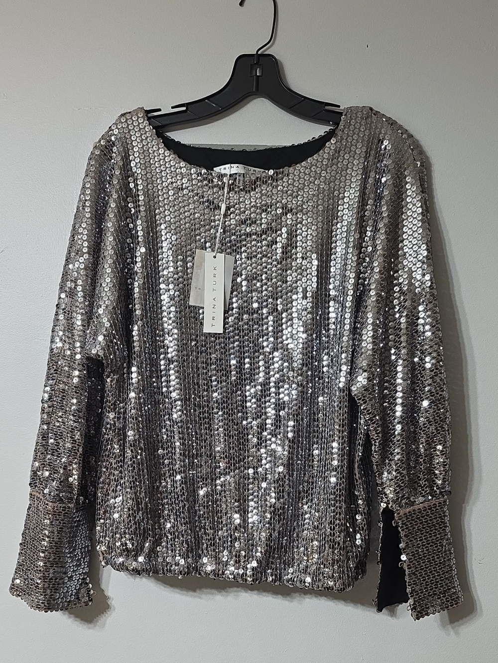 Trina Turk Silver Sequin Long-Sleeve Sweatshirt